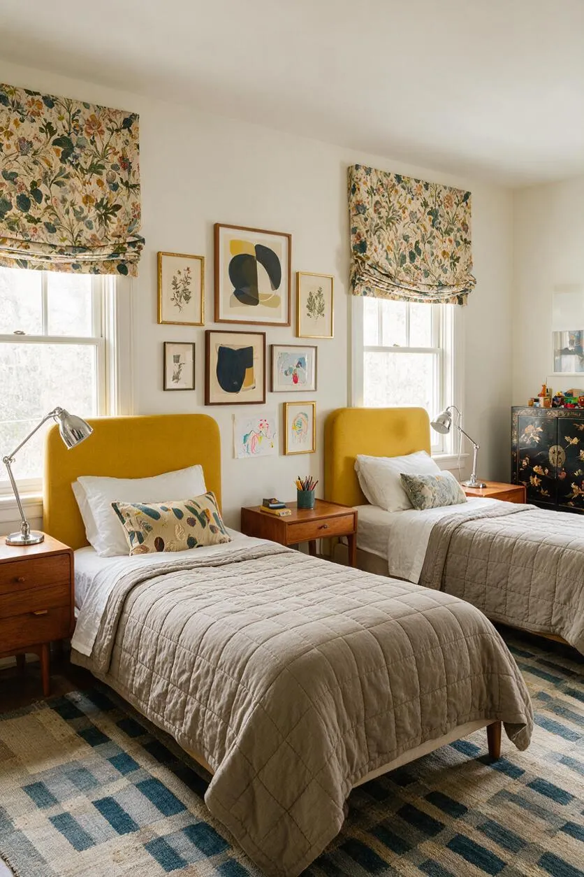 A bright kids' room with two twin beds dressed in quilted beige bedding and mustard yellow upholstered headboards. Floral Roman shades, a gallery wall of mixed framed art, warm wood nightstands, and a blue plaid rug create a cheerful eclectic look.