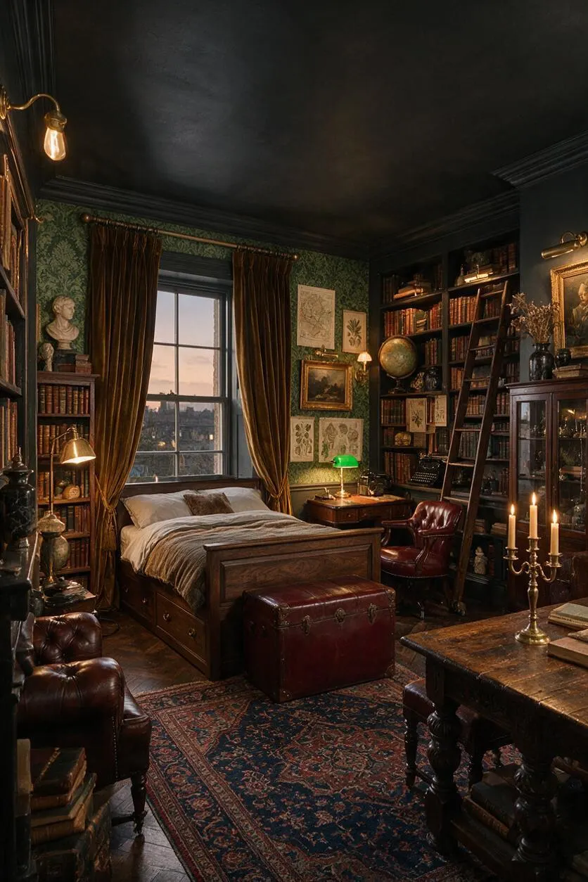 A dark academia guest bedroom with a wooden bed centered under a large window, flanked by tall bookshelves, velvet curtains, and antique lamps. The room includes leather seating, a Persian-style rug, a trunk at the foot of the bed, and walls covered in dark botanical wallpaper with framed art and a globe.
