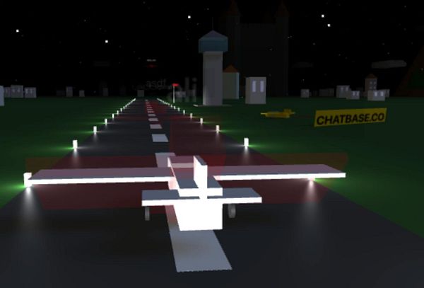 A 3D-rendered scene featuring a small airplane on a runway with a banner for Chatbase.co in the background.