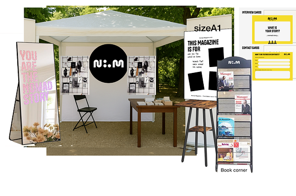 A booth design for Bansko Nomad Fest featuring various promotional materials and a welcoming setup.