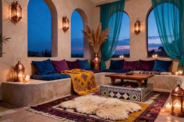 A Bohemian living room with arched windows and sand-colored plaster benches is layered with jewel-tone velvet cushions in blue and plum, plus a mustard patterned throw. A geometric ceramic-tiled hearth and low wooden coffee table rest on stacked kilim rugs with a cream sheepskin; teal drapes frame the view while copper Moroccan lanterns, scattered candles, and a large hammered copper vase of pampas grass cast warm, ambient light at dusk.