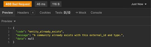 The image displays a 400 Bad Request error response from an API call.