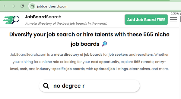 The image displays a webpage for JobBoardSearch, highlighting a directory of niche job boards.