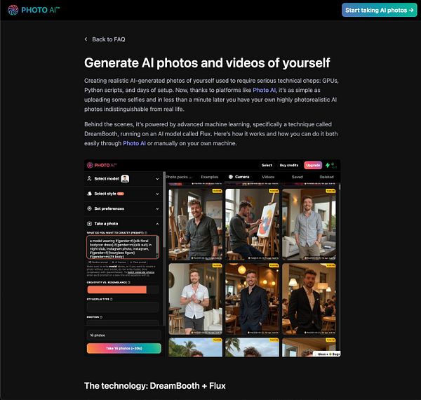 The image displays a user interface for generating AI photos and videos through the Photo AI platform.