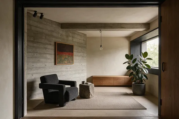 A minimalist sunroom with raw concrete walls and beam, a dark textured lounge chair, a stone side table, and a low wood cabinet beneath a large window. A potted rubber plant adds greenery beside the black-framed opening, while a muted rug and warm neutral finishes soften the industrial space.