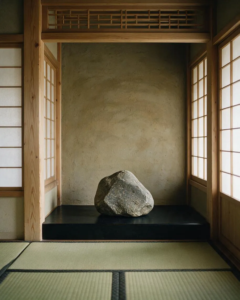 A Japanese Zen-style room with tatami mat flooring, wooden shoji screens on both sides, and a simple recessed alcove containing a large natural stone on a dark raised platform. The walls are finished in textured earth-toned plaster, creating a calm, minimalist atmosphere.