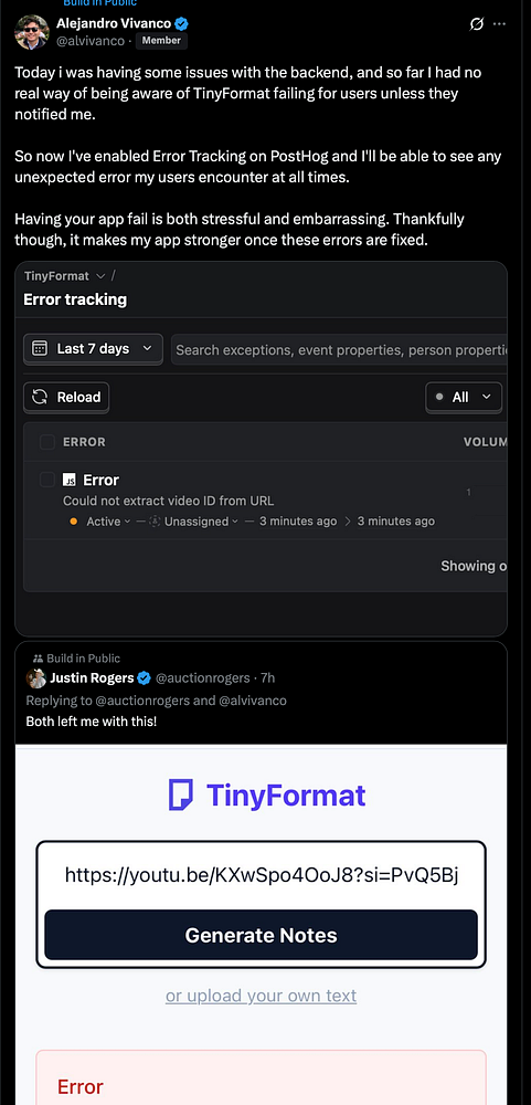 The image displays a Twitter post discussing backend errors related to the TinyFormat application, along with a screenshot of an error tracking interface.