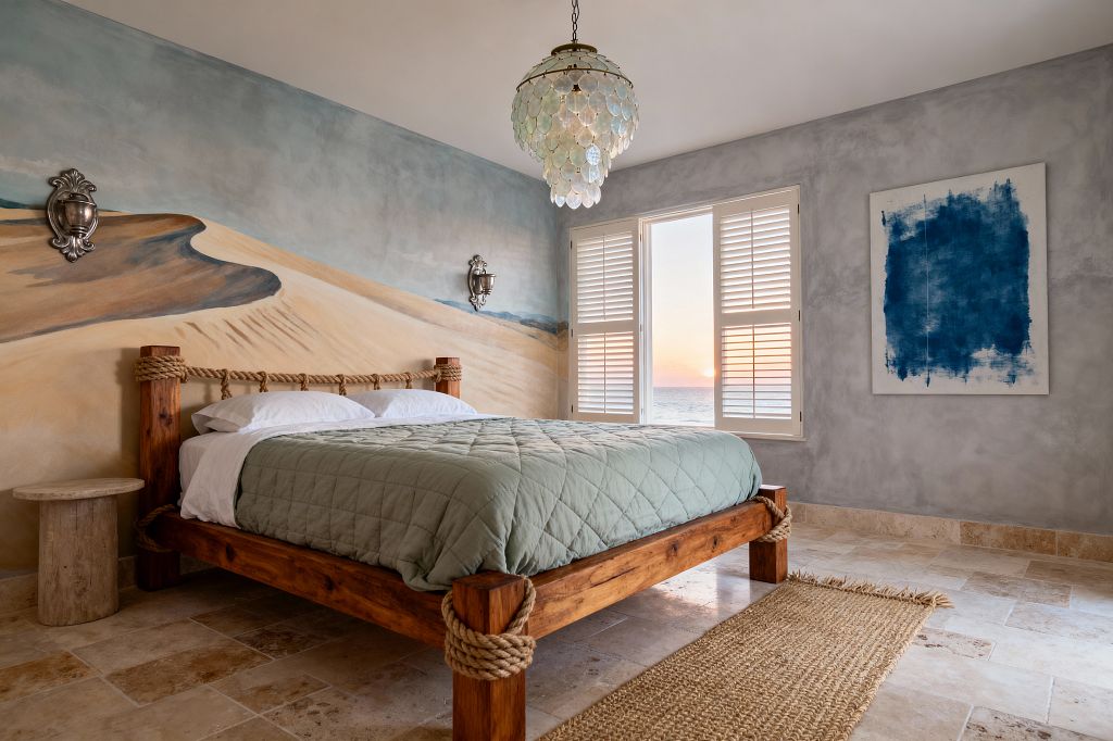 A coastal bedroom features a chunky solid-wood bed wrapped at the joints with natural rope, dressed with a seafoam quilt and white pillows. A hand-painted dune-and-sea mural spans the headboard wall, flanked by two silver sconces, while a capiz shell chandelier hangs above. Travertine floor tiles and a jute runner ground the space, with a small stone side table and white plantation shutters framing an ocean sunset; a blue abstract artwork hangs on the gray plaster wall.