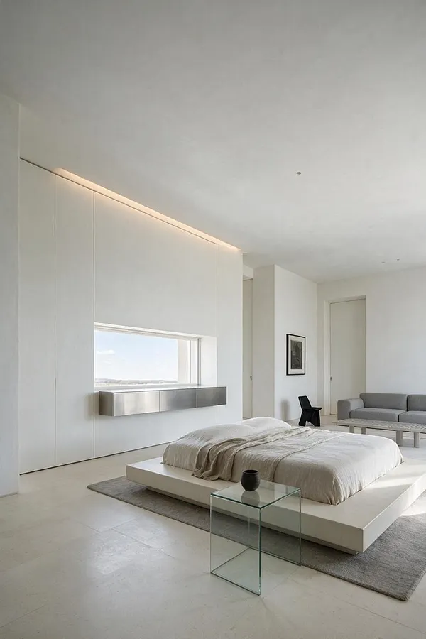 A minimalist guest bedroom with a low white platform bed dressed in soft beige and white linens, set on a gray area rug. The room features white walls and ceiling, a built-in wall unit with a horizontal window and brushed metal shelf, a glass side table, and a gray sofa with a simple bench in the background.