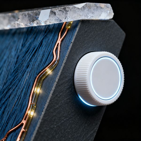 A close-up shows a white, knurled control dial with a soft blue LED halo set into a charcoal surface beside a deep blue textured panel. A copper wire with tiny warm LEDs runs in a clear sleeve along the panel, and the top edge is capped by a faceted translucent crystal slab, all set against a dark background for a clean, high-tech look.