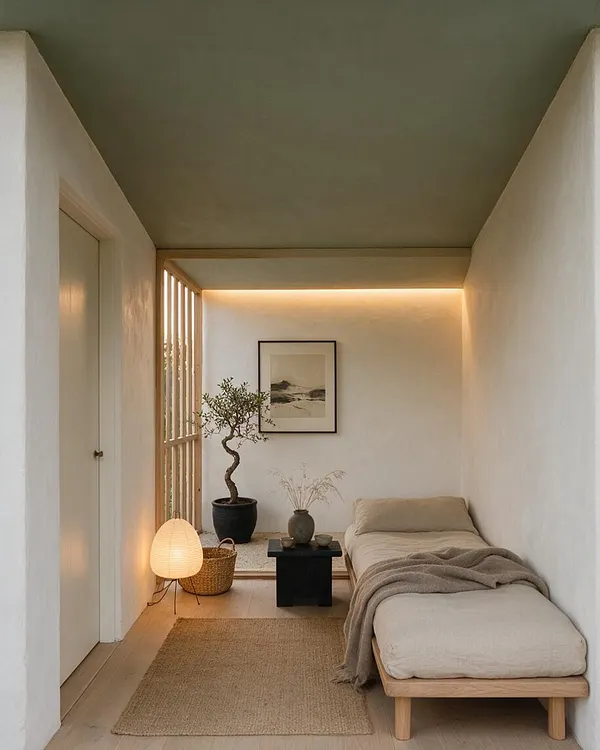 A narrow front porch styled as a Japandi seating nook with white plaster walls, a muted green ceiling, and warm wood trim. The space includes a low cushioned bench with beige bedding, a black side table, a woven lantern floor lamp, a jute rug, a potted bonsai-like tree, and soft ambient lighting.