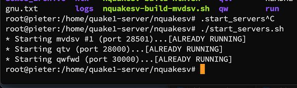 A terminal interface displaying the process of starting a Quake 1 server.