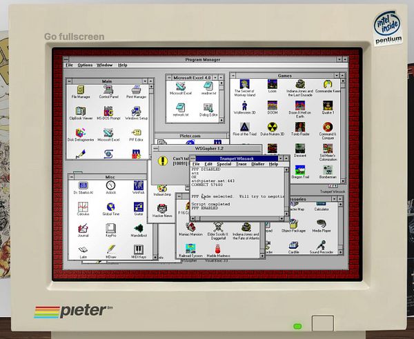 A vintage computer interface displaying various applications and a connection attempt to a website.
