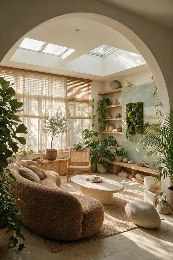 A sunroom with an arched opening, skylights, and sheer woven window shades. The space includes a curved bouclé sofa, a cane armchair, a low oval stone coffee table, abundant potted plants, wood shelving, and a moss wall feature in soft beige and green tones.