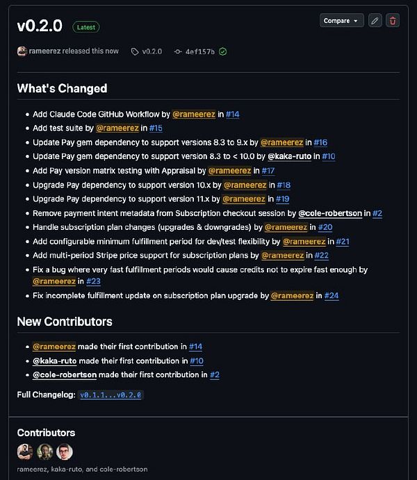 The image displays a GitHub release page for version 0.2.0 of a project, detailing changes and new contributors.