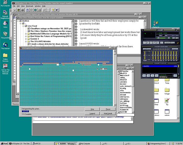 The image displays a Windows 95 desktop environment with various open applications and a defragmentation process in progress.