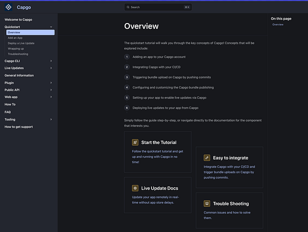 The image displays a user interface for the Capgo documentation, specifically the Quickstart section.
