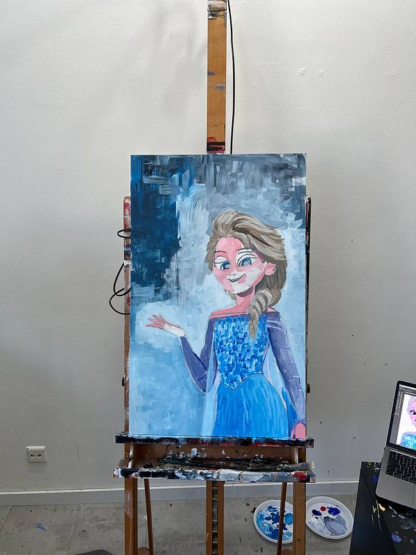 Acrylic painting of a character on an easel in a studio setting.