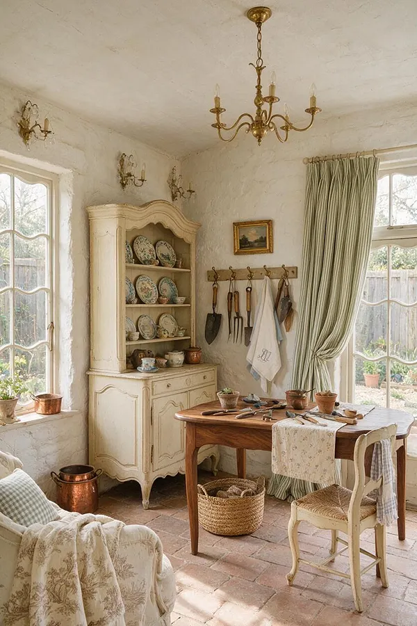 A sunlit French Country backyard room with rough white plaster walls, a gold chandelier, and tall multipane windows framing the garden. A cream armoire, wooden worktable, woven basket, hanging tools, and soft green curtains create a warm rustic workspace.