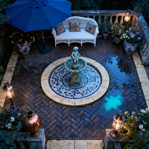 Twilight view of a small Victorian patio centered on a round fountain with a verdigris cherub, set in a blue-and-white mosaic ringed by cream stone. Herringbone red-brick paving glistens after rain, with a white wicker settee and tapestry cushions beneath a cobalt umbrella, blue-and-white porcelain planters of hydrangeas along a stone balustrade, and copper lanterns casting warm light.