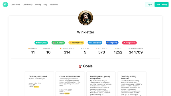 The image displays a user profile on the Lifelog platform, showcasing various statistics and goals for the user 'Winkletter'.