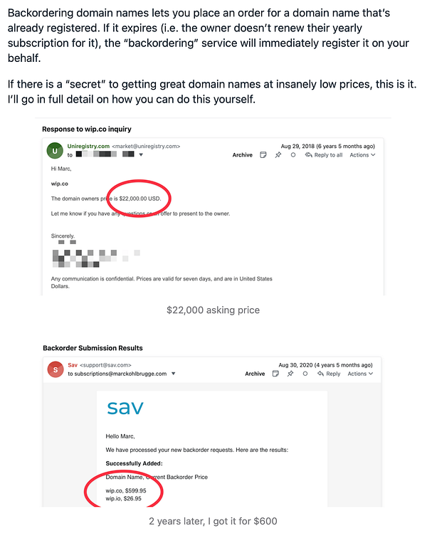 The image displays two email screenshots discussing domain name backordering and pricing.