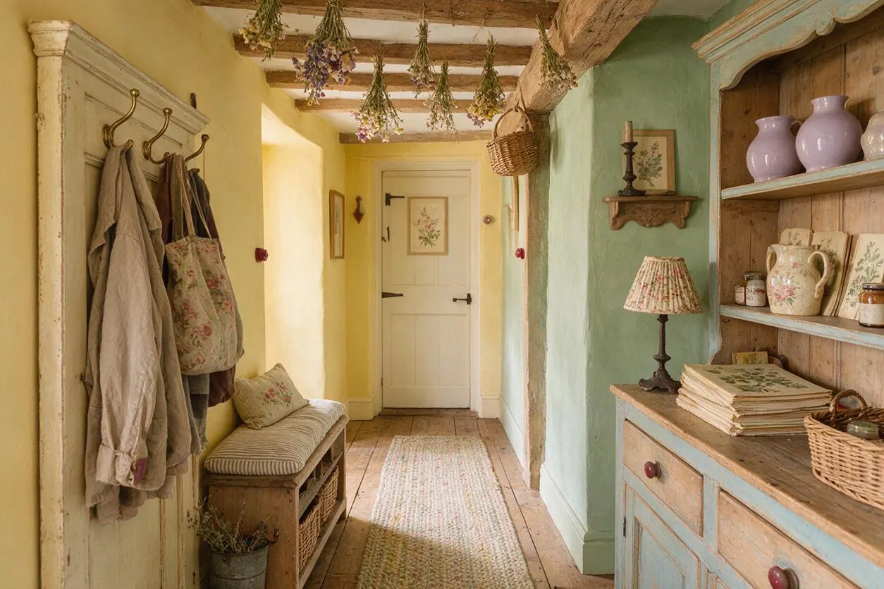 A narrow cottage-style entryway with pale yellow and mint green walls, exposed wooden ceiling beams, and a white door at the end. The space includes a coat rack with hanging garments, a bench with a cushion, woven baskets, shelves with ceramics, and dried flowers suspended from the ceiling.