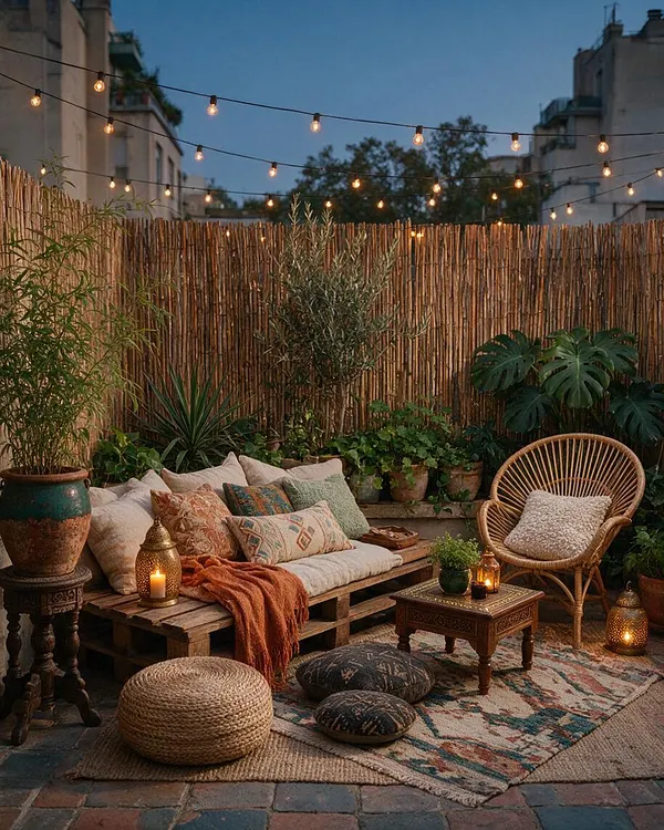 A cozy bohemian outdoor lounge on a rooftop or patio at dusk, featuring a pallet-style sofa with cream cushions and patterned throw pillows, a rattan chair, layered rugs, pouf seating, lanterns, and potted plants. Bamboo fencing and warm string lights create an intimate, relaxed atmosphere.