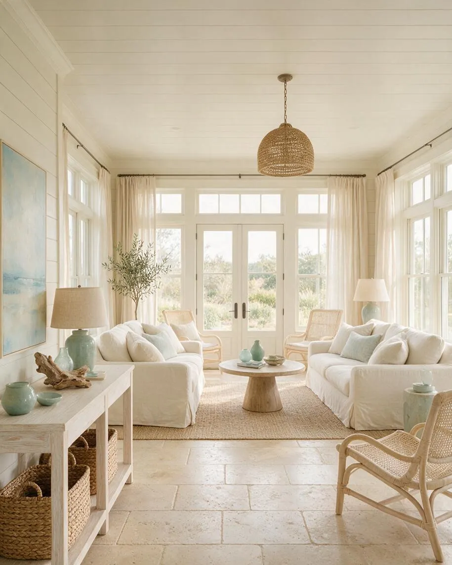 A bright coastal-style sunroom with white slipcovered sofas, woven rattan chairs, sheer curtains, and a woven pendant light. A pale wood coffee table, sea-glass accents, and large windows create a relaxed, sun-filled atmosphere.