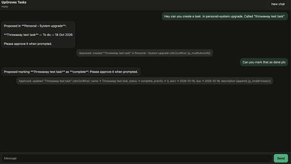 Chat interface showing a conversation about creating and completing a test task named 'Throwaway test task' in a personal system upgrade category.