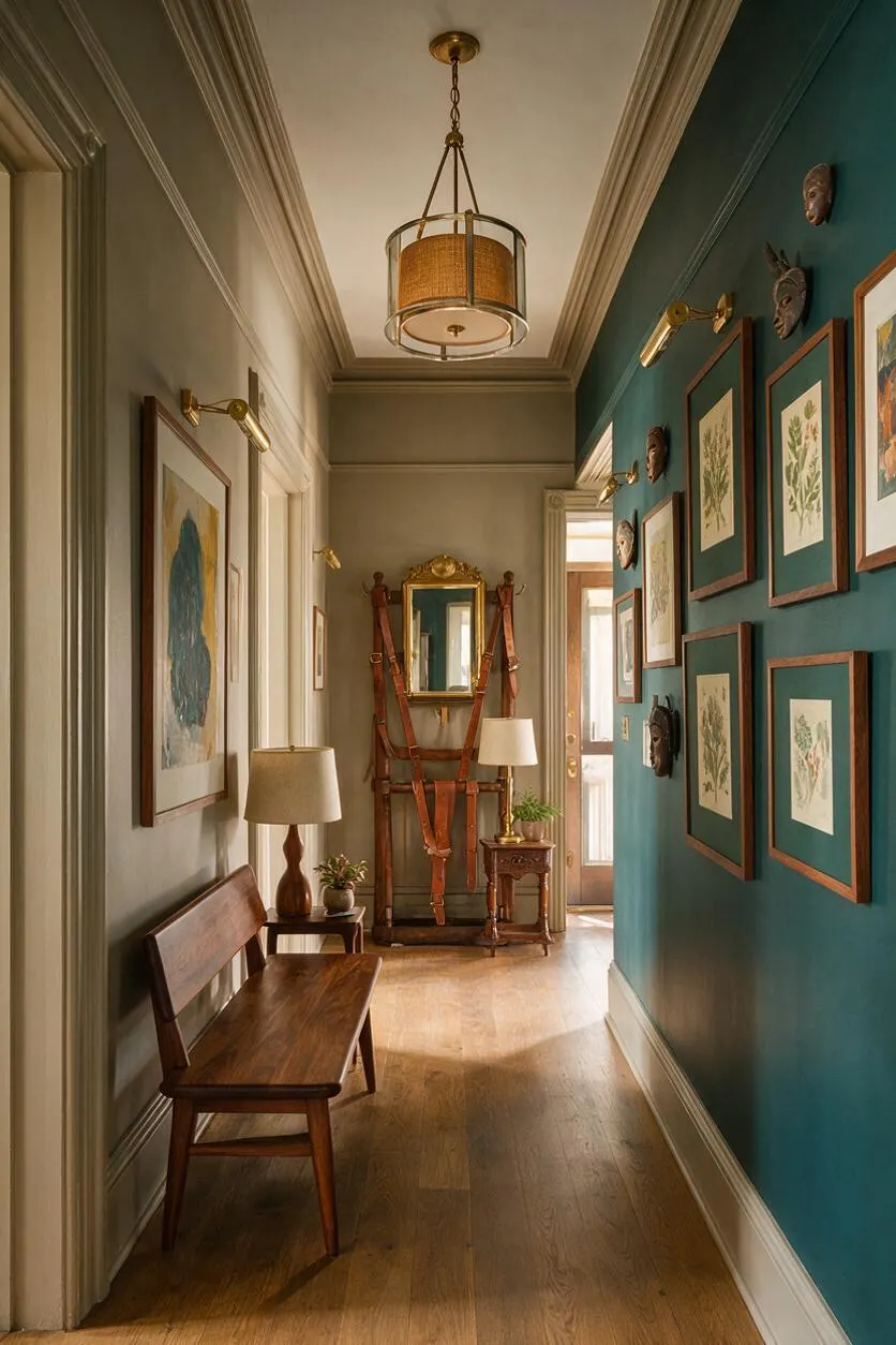 A narrow eclectic entryway with hardwood floors, teal and beige walls, and a mix of vintage and artistic decor. A wooden bench sits along the left wall, while framed botanical prints, small sculptural masks, and brass picture lights decorate the right side, leading to a small console with a mirror and table lamps at the far end.