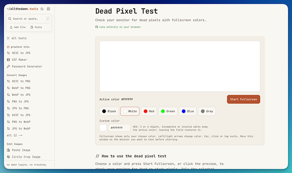 A web-based tool interface for checking dead pixels on a monitor using fullscreen solid colors.