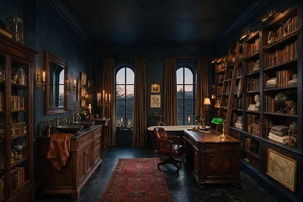 A moody dark academia bathroom styled like a private study, with deep blue walls, arched windows with heavy drapes, wood vanities, a freestanding bathtub, brass candle sconces, and floor-to-ceiling bookshelves filled with old books and decor. A leather chair, desk, and red patterned rug reinforce the scholarly atmosphere.