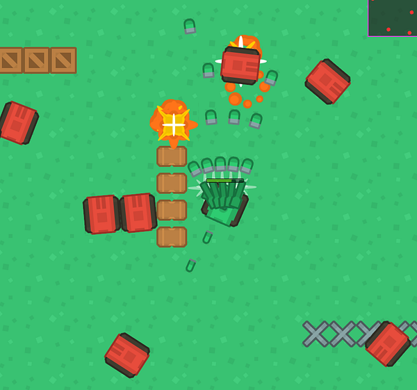 A top-down view of a colorful bullet hell game scene featuring explosions and various obstacles.