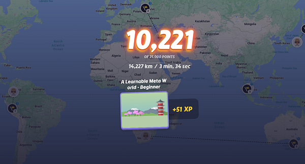GeoGuessr game score summary showing points earned and gameplay details on a world map background.