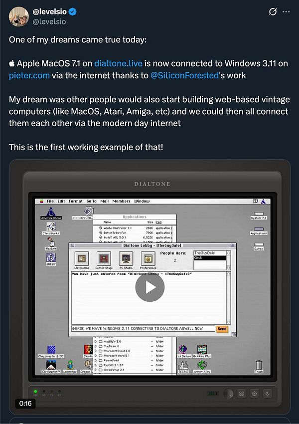 A retro computer interface displaying a connection between MacOS 7.1 and Windows 3.11.