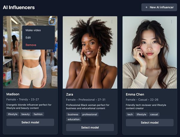 The image displays a user interface for selecting AI influencers, featuring three profiles with options to manage them.