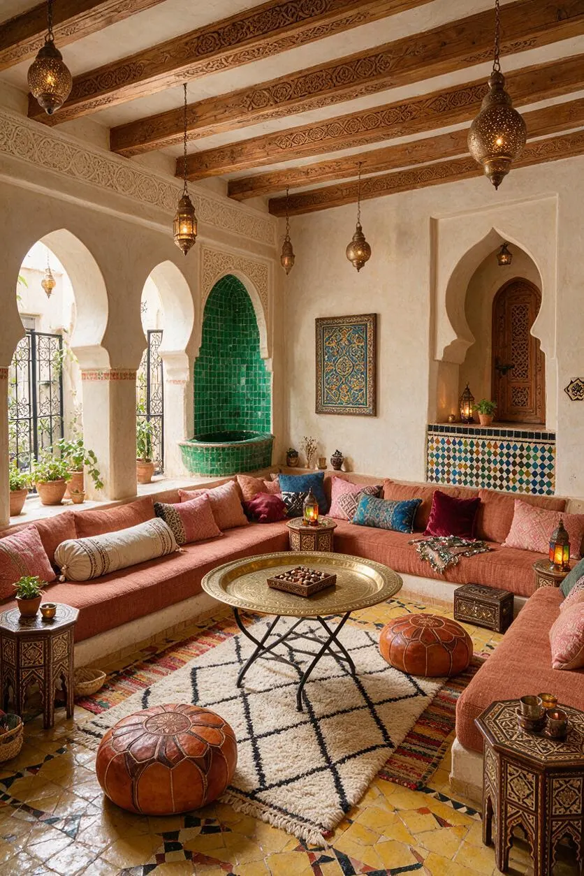 A Moroccan-style game room with salmon-toned sectional seating arranged around a brass coffee table on a patterned rug. The room features carved wood ceiling beams, arched openings, hanging lanterns, mosaic tile accents, and a green tiled niche fountain. 