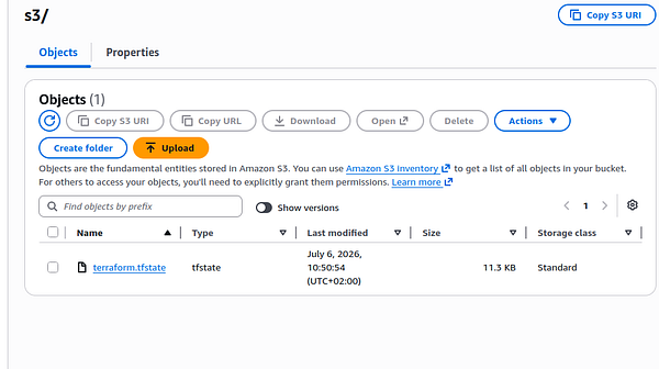 Screenshot of an AWS S3 bucket management console displaying the contents of a Terraform state storage bucket.