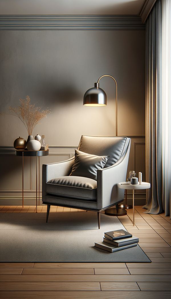 A stylish, comfortable arm chair placed in a cozy corner of a living room, surrounded by a small side table, a floor lamp, and a few decorative items, creating a perfect reading or relaxation spot.