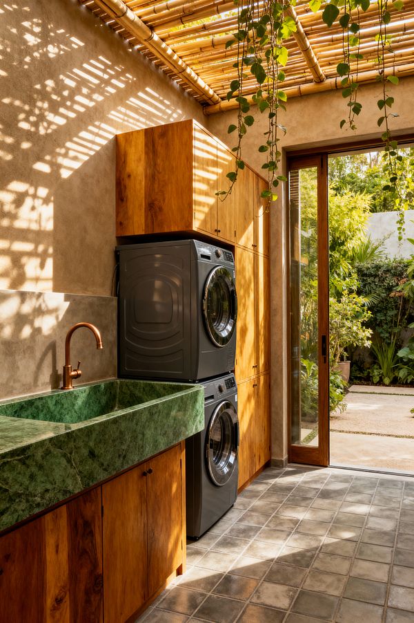 A tropical laundry room with a bamboo slatted roof casting dappled shadows, trailing vines, and a wood-framed glass door opening to a lush garden. Warm teak cabinets surround a stacked graphite washer and dryer. A large green stone sink with a copper faucet sits over matching wood base cabinets. Textured beige plaster walls and matte gray square floor tiles complete the airy, indoor-outdoor space bathed in natural light.