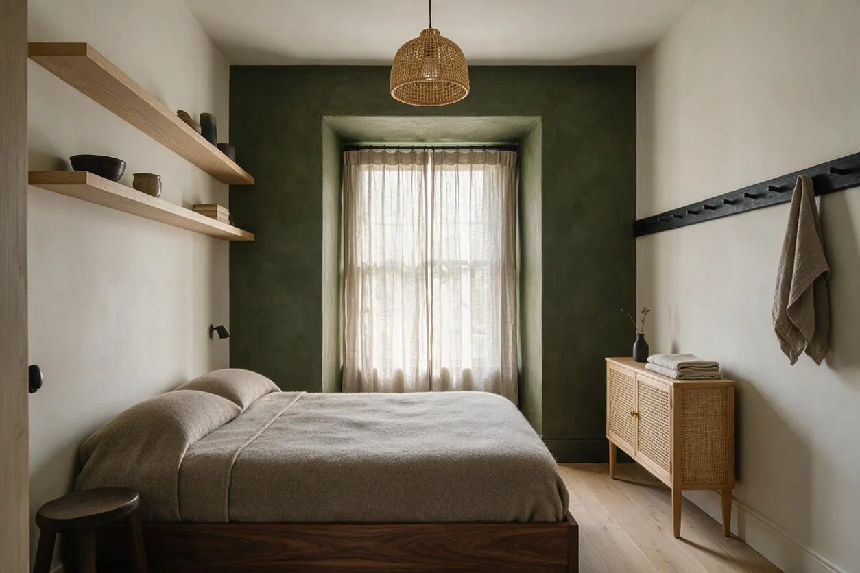 A calm guest bedroom in Japandi style with a low wood bed dressed in soft beige bedding, a dark olive green accent wall around a centered window, and sheer curtains filtering natural light. Floating wooden shelves, a woven pendant light, a rattan cabinet, and minimal black accents complete the warm, understated look.
