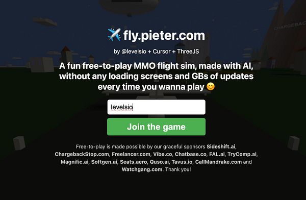The image displays the start screen of the flight simulation game fly.pieter.com, featuring a thank you message to sponsors.