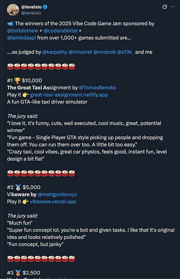 Announcement of the winners of the 2025 Vibe Code Game Jam with details about the top three games and their creators.
