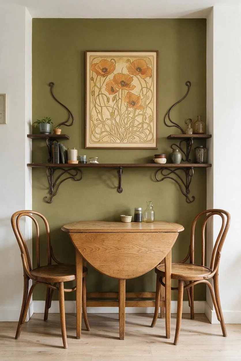 A compact dining nook features a small oval drop-leaf wooden table and two bentwood chairs set against an olive-green recessed wall. Floating wood shelves with ornate dark metal brackets hold small jars, bottles, and plants, while a framed floral Art Nouveau print with orange poppies hangs centered above.