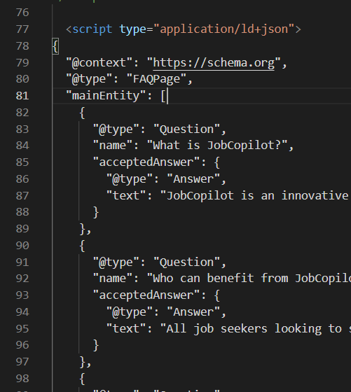 Screenshot of a typed HTML code snippet for a FAQ section using JSON-LD schema markup.
