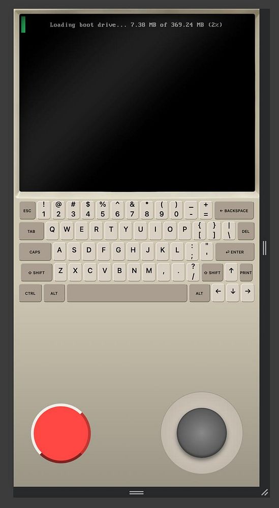 The image displays a mobile interface resembling a retro computer terminal with joystick controls.