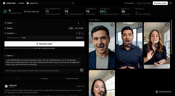 Screenshot of the videoai.me platform interface showing AI-generated video avatars and video creation settings.
