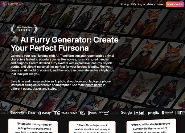 The image promotes an AI Furry Generator app designed to create personalized anthropomorphic characters.