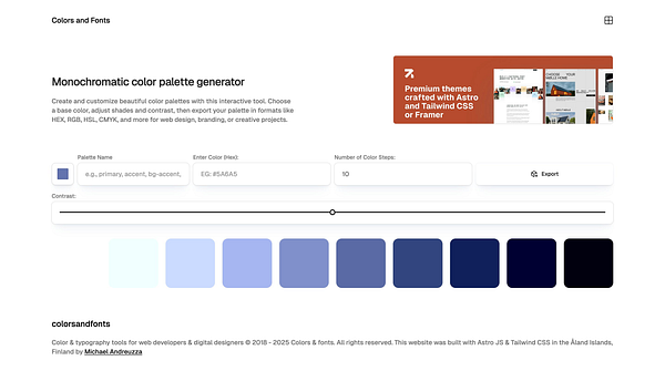 The image displays a web interface for a monochromatic color palette generator.